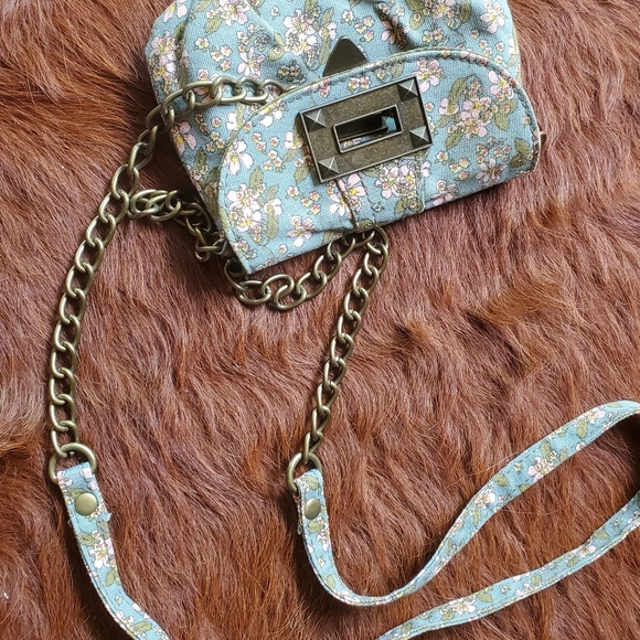 Mini crossbody Purse Micro Floral blue toggle clasp chain strap pockets - Picture 6 of 9